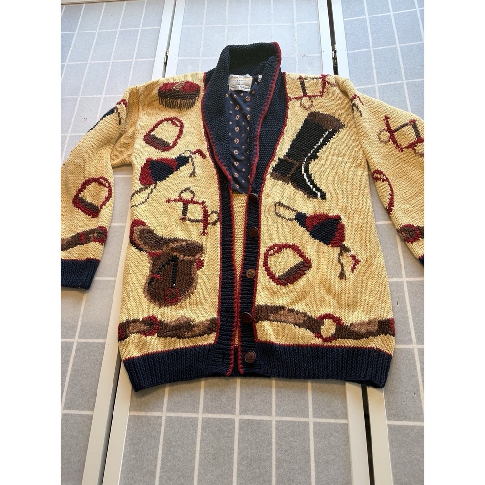 Vtg Marisa Christina Equestrian Cardigan Shawl Horse Bit Saddle Knit Sweater SzS